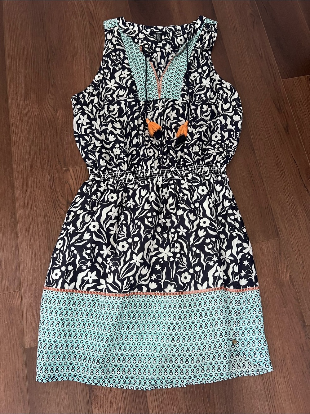 Navy & White Floral Sleeveless Summer Dress with Mint Trim